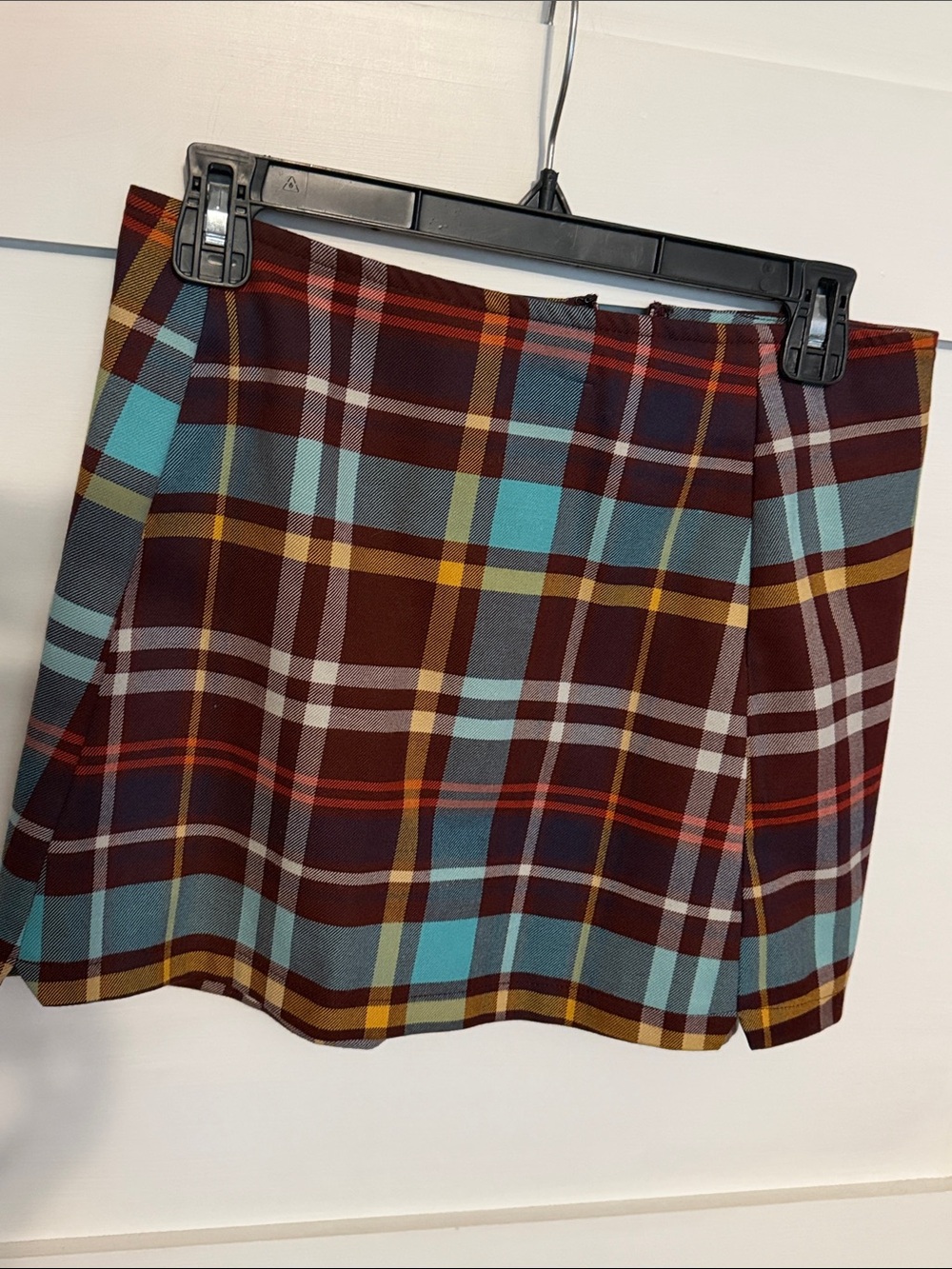 Urban Outfitters Burgundy Plaid Skirt with Teal and Yellow Accents